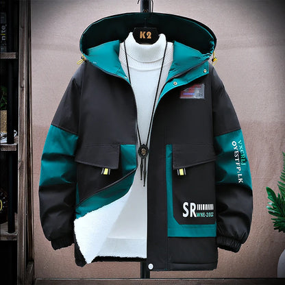 Men's Hooded Jacket with Color Block Design and Thick Insulation