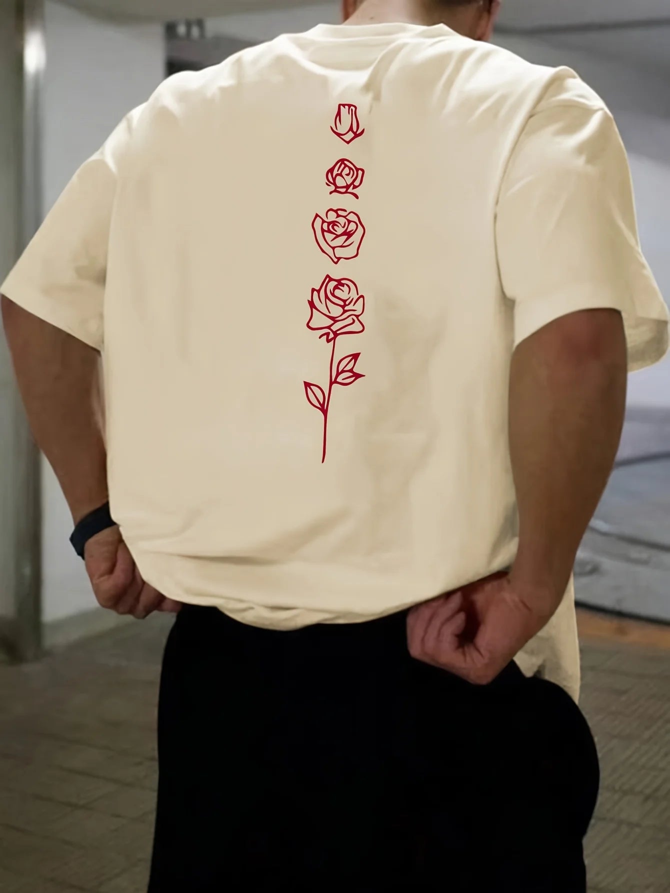 Men's Relaxed Fit Cotton T-Shirt with Rose Print Pattern