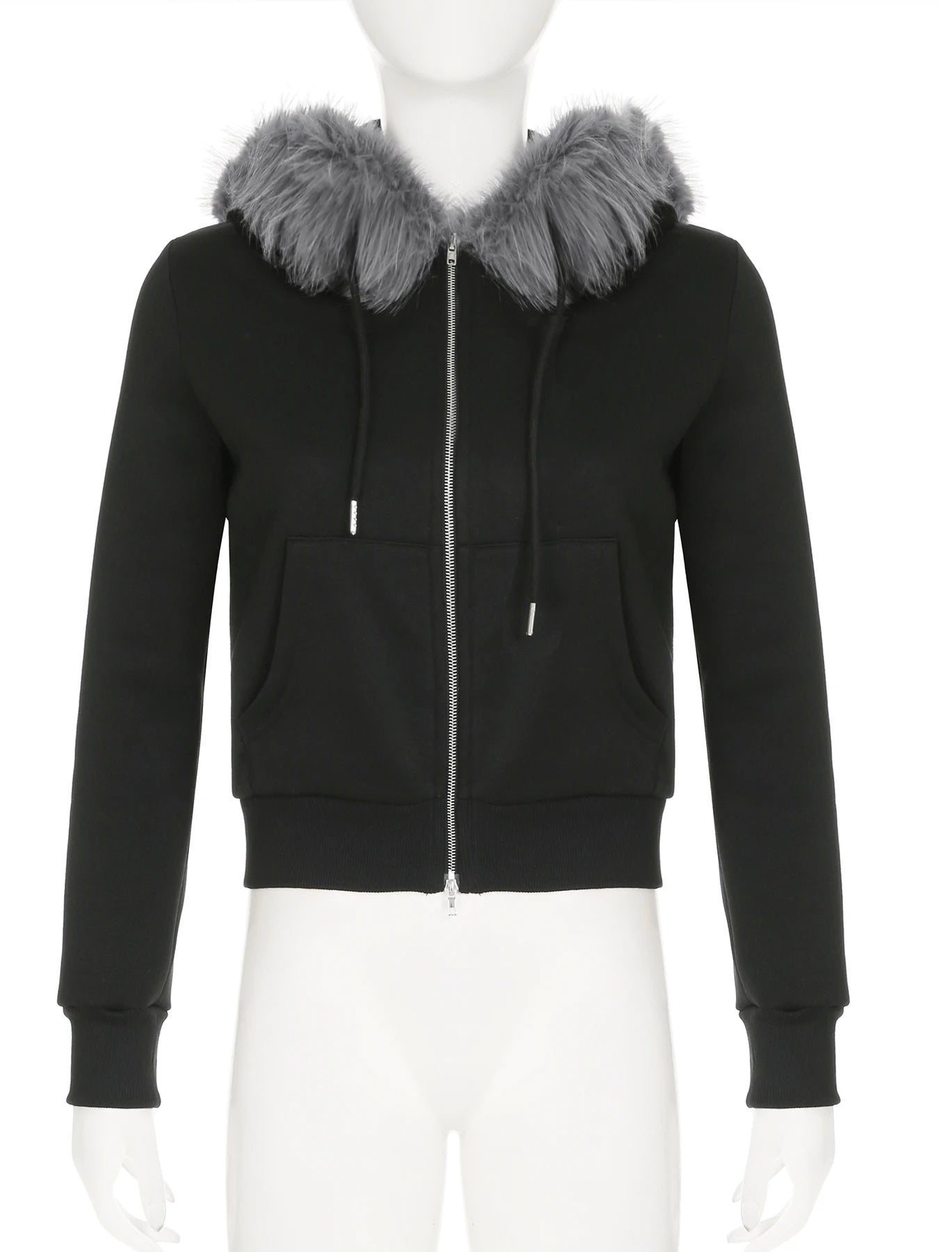 Rockmore Faux Fur Patchwork Hooded Jacket with Letter Embroidery and Zipper