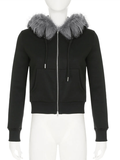 Rockmore Faux Fur Patchwork Hooded Jacket with Letter Embroidery and Zipper