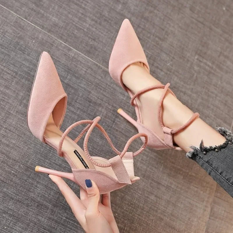 Suede High Heel Roman Sandals for Women with Cross-Strap Design and Buckle