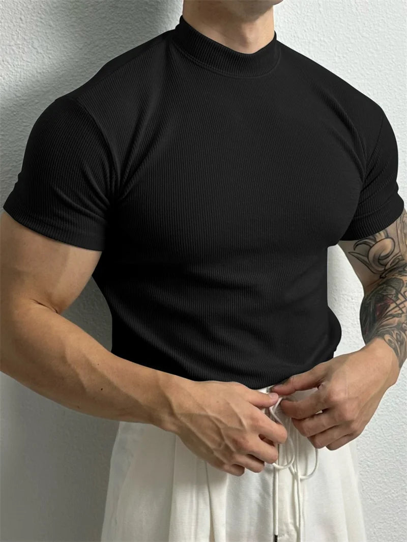 Men's Slim Fit Short Sleeve T-Shirt with High Collar and Stripe Design