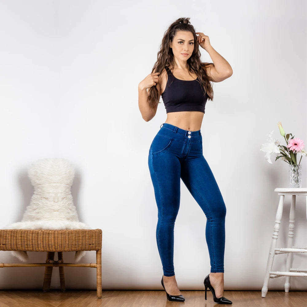 Mid Rise Super Stretch Straight Leg Jeans - in Dark Blue