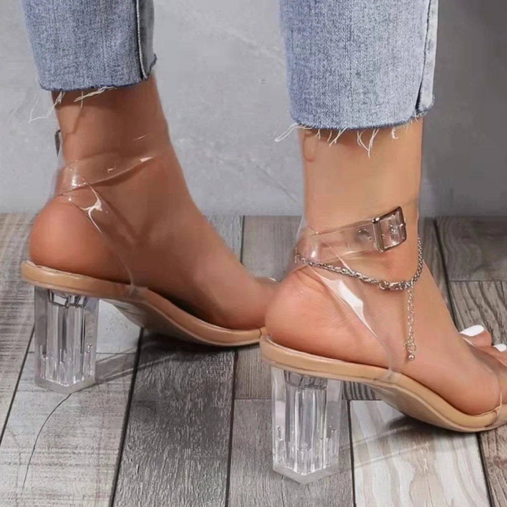 Womens Transparent PVC Jelly Chunky Heels