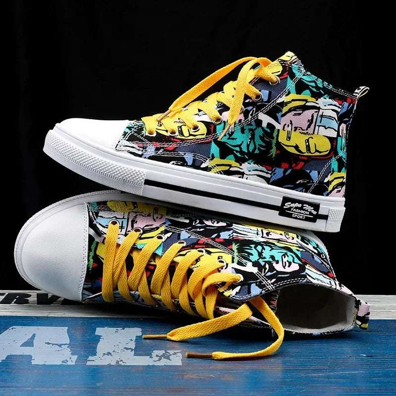 Graffiti-Designed High-Top Lace-Up Sneakers for Men