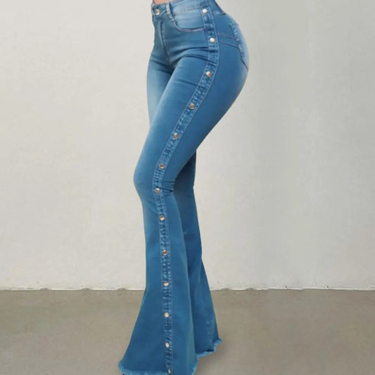 Women's Solid Button Flare Leg  Denim Jeans