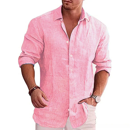 Men's Casual Long-Sleeved Stand-Up Collar Cotton Linen Shirt