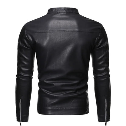 Men's Slim Fit Faux Leather Jacket with Standing Collar