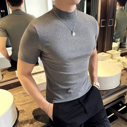 Men's Slim Fit Short Sleeve Turtleneck Cotton T-Shirt - Various Colors