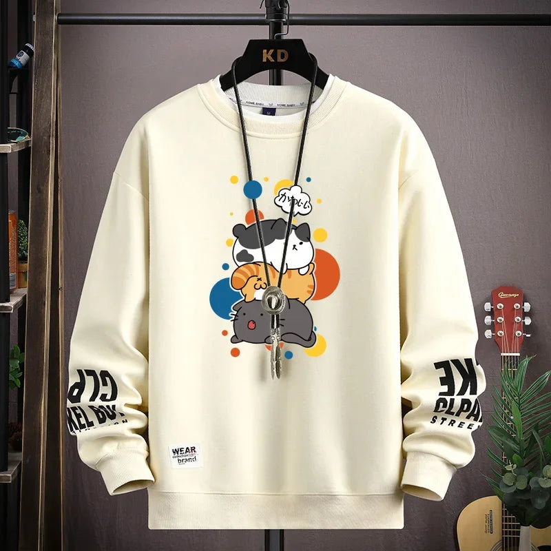 Men's Sweater with Japanese Cartoon Cat Print - Various Colors