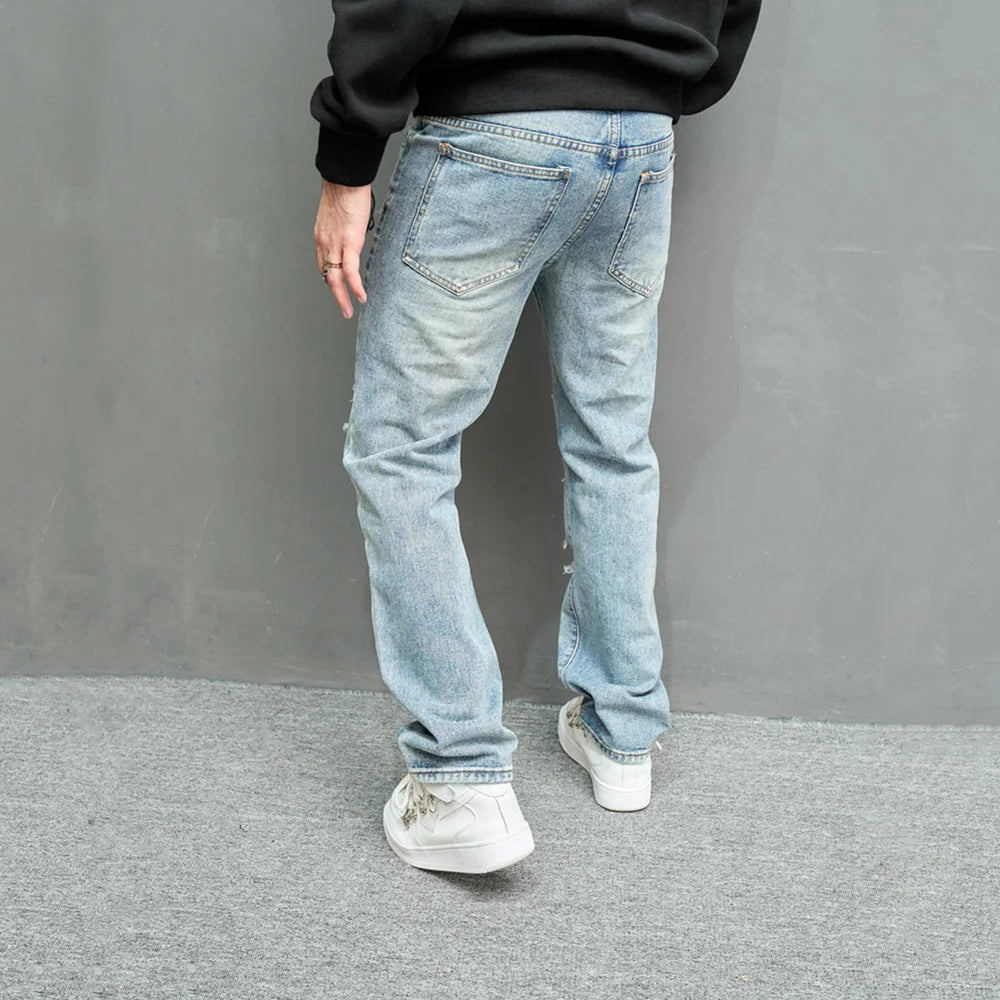 Men's Ripped Straight Jeans - Stylish Casual Denim Streetwear