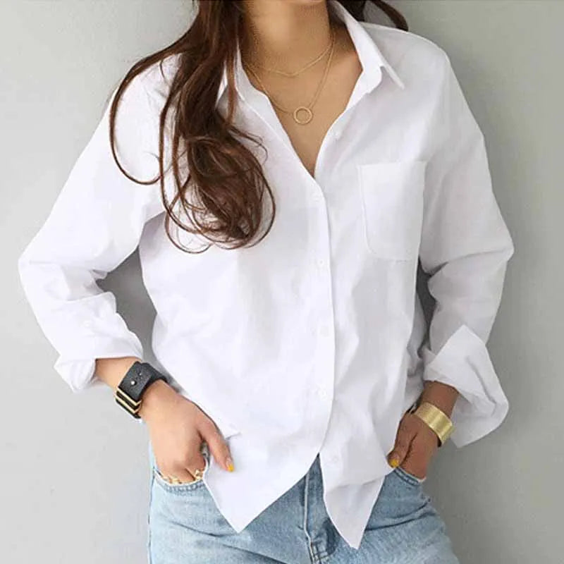 Casual Women's Long Sleeve White Cotton Shirt - Loose Fit Button-Up