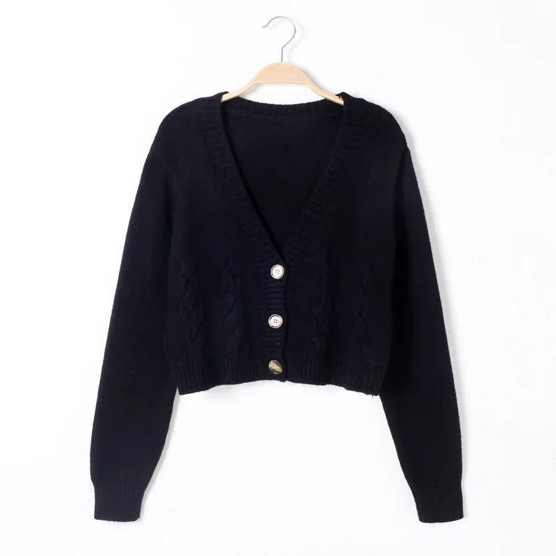 V-Neck Cropped Long Sleeve Knit Cardigan for Women