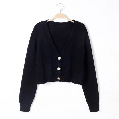 V-Neck Cropped Long Sleeve Knit Cardigan for Women