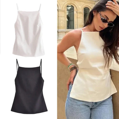 Backless Sleeveless Black and White Crop Top for Women with Thin Straps