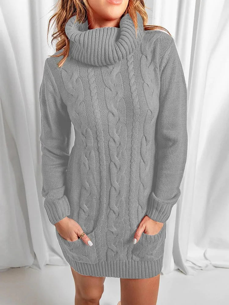 Women's High Neck Long Knitted Sweater Dress - Various Colors