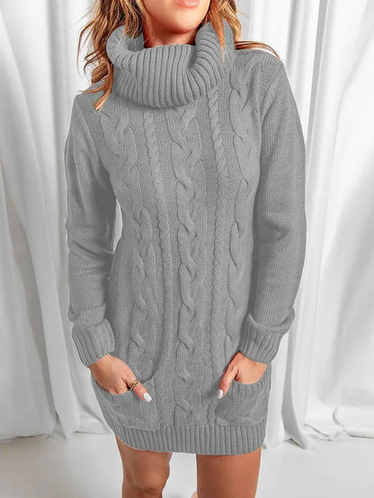 Women's High Neck Long Knitted Sweater Dress - Various Colors