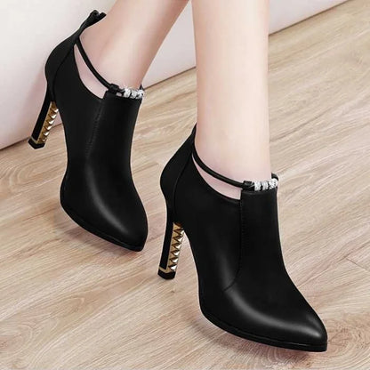 Women's Round Toe Shallow Zip Ankle Boots with Thin Heels - PU Leather