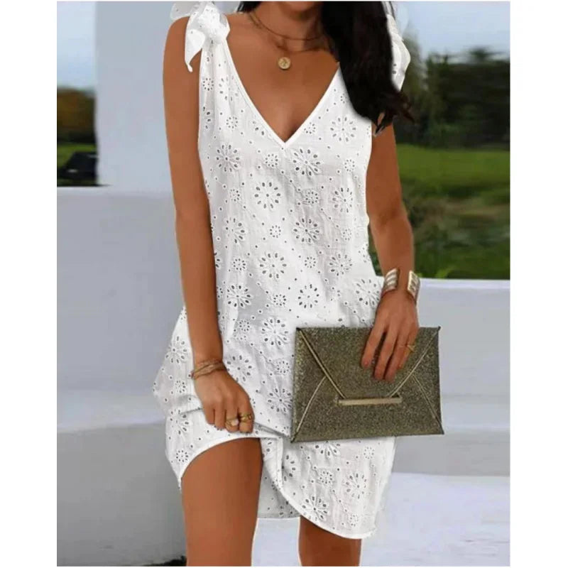 V-Neck Eyelet Embroidered Mini Dress with Tied Details for Women