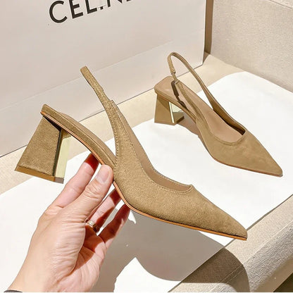 Stylish Solid Color Pointed-Toe Women's Slip-On Back Strap Heels