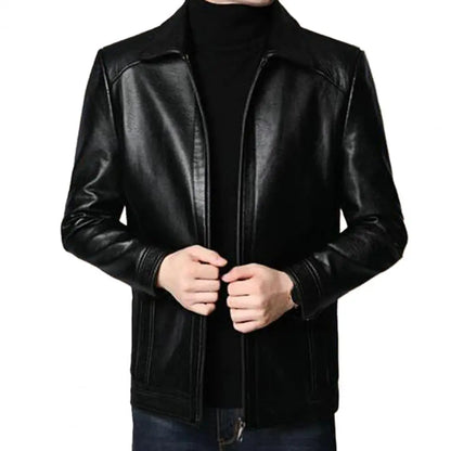 Men's Faux Leather Jacket with Stand Collar and Thick Warm Lining