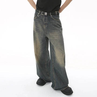 Men's Retro Washed Wide Leg Denim Jeans - Casual Street Style