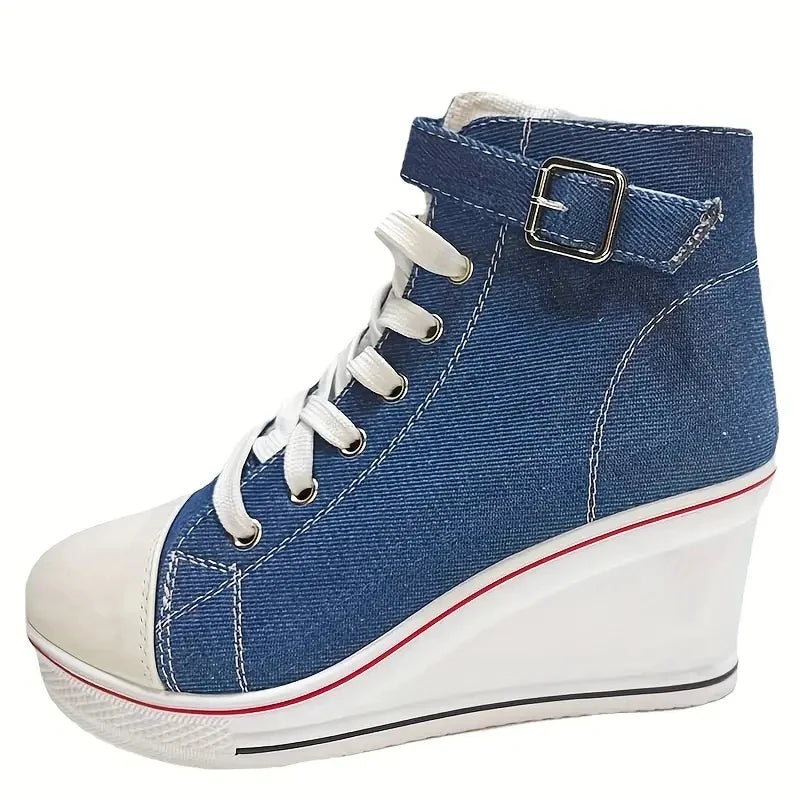 Women's Denim Wedge Sneakers - Lace-Up Ankle Canvas Shoes with 8cm Heels