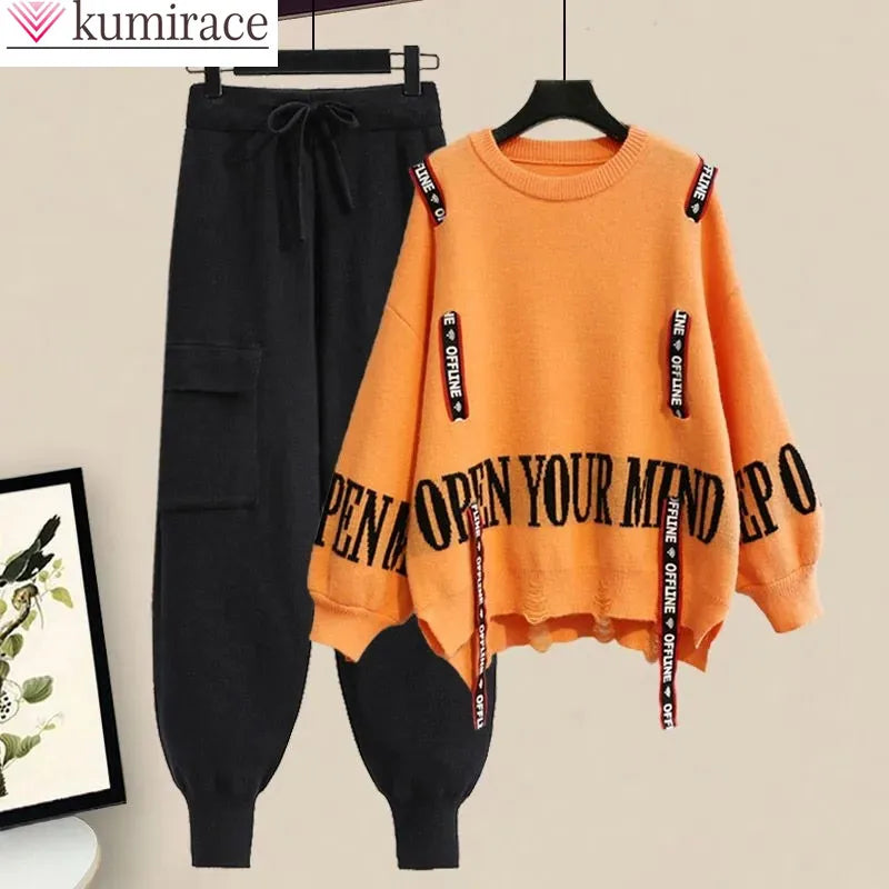 Women's Elegant Two-Piece Tracksuit: Ribbon Knitting Sweater and Pants Set