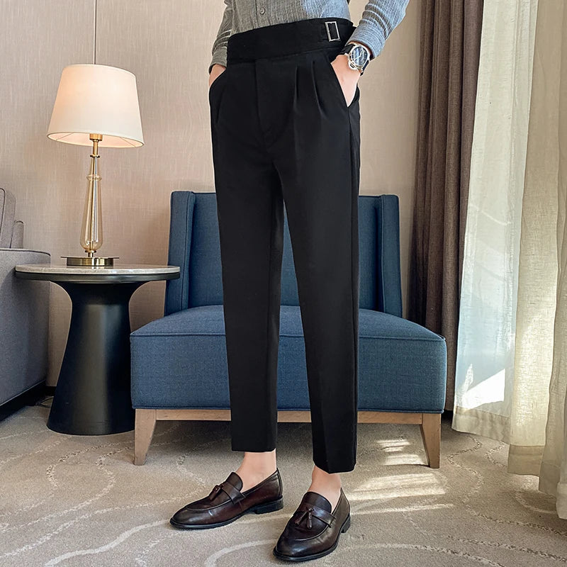 Men's High-Waisted Casual Dress Pants with Belt - Various Colors