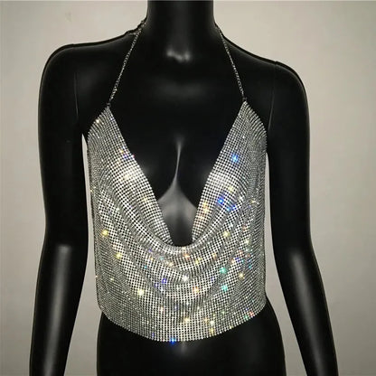 Glittering Backless Crop Top with Rhinestone V-Neck Design For Women