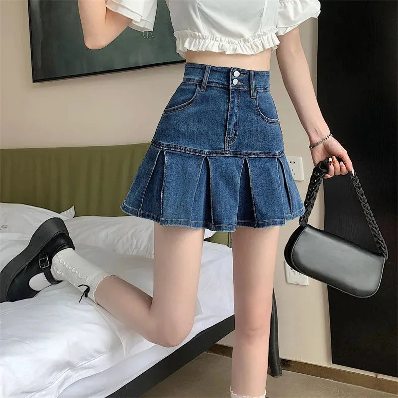 Vintage High Waist Ruffled Blue Denim Pleated Skirt for Women