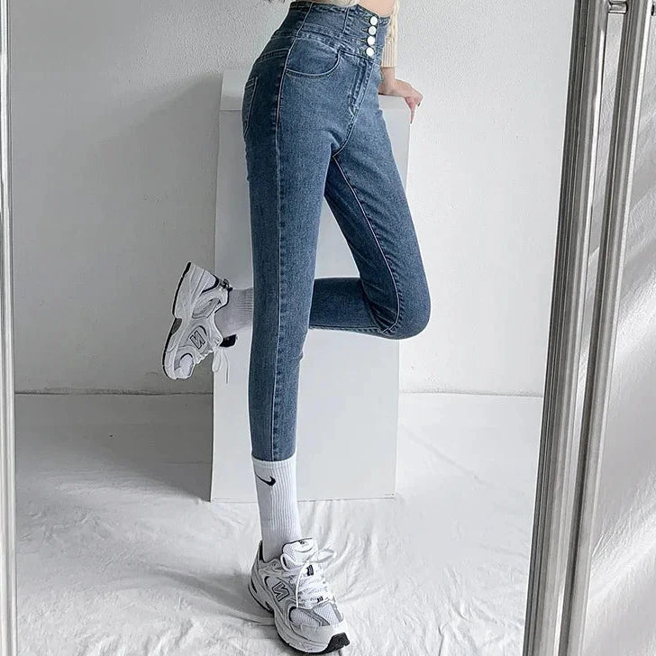 Vintage High-Waist Skinny Pencil Jeans with Four Buttons - Slim Stretch