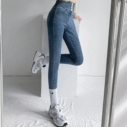 Vintage High-Waist Skinny Pencil Jeans with Four Buttons - Slim Stretch