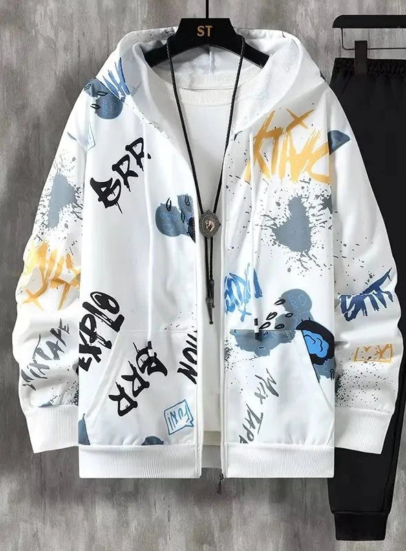 Men's Hooded Jacket with Graffiti Print