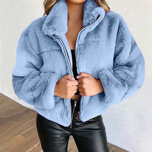 Women's Zippered Cropped Faux Fur Jacket with Stand Collar