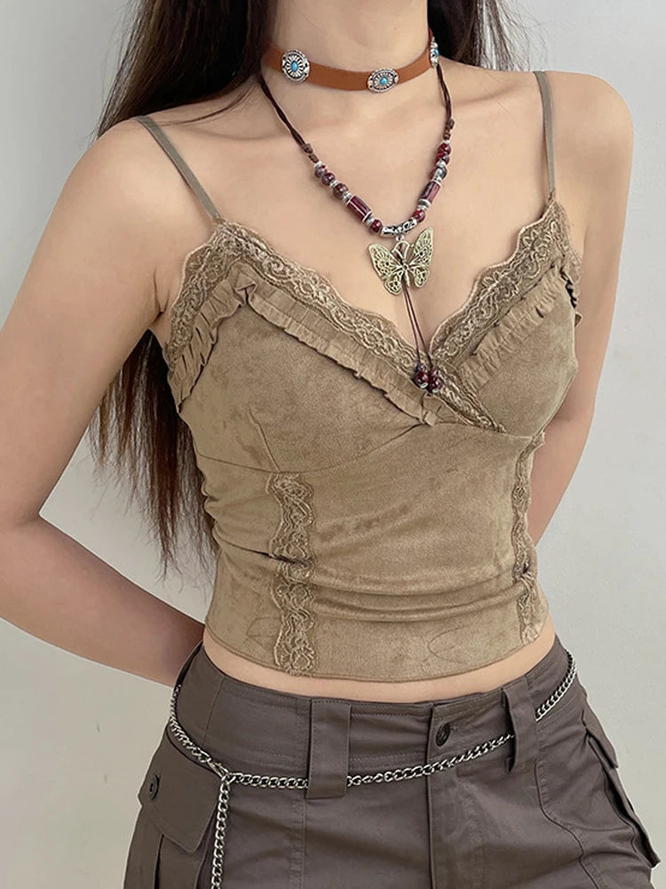 Lace Mini Vest Women's Khaki Spaghetti Strap Crop Top