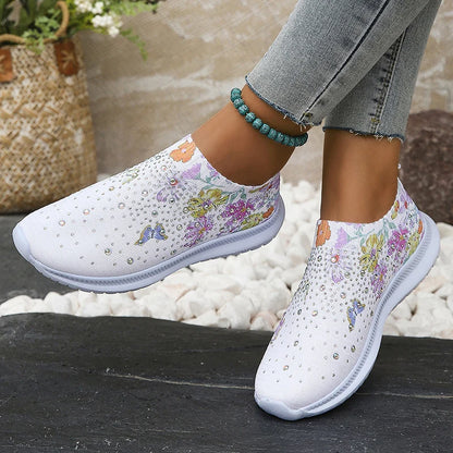 Women's Flower Print Knitted Sneakers with Shiny Crystal Breathable Mesh