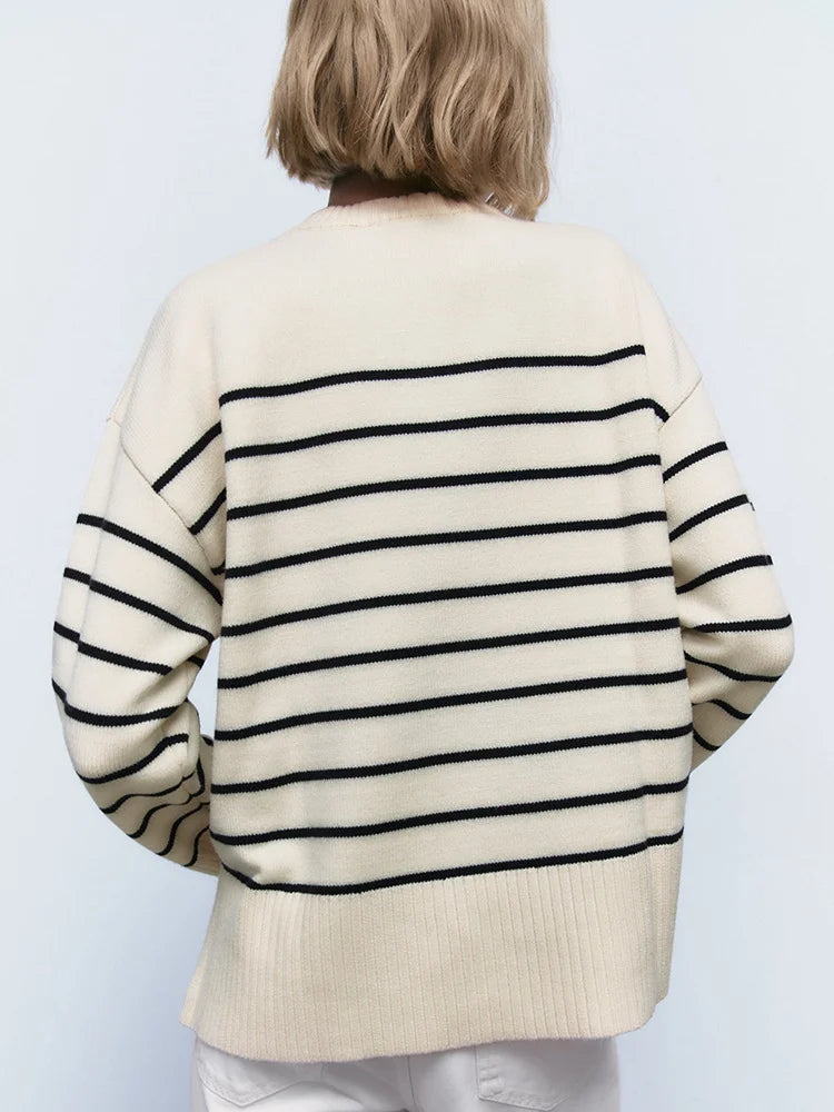 Beige Stripe Oversized Sweater for Women - Long Sleeve Knitted Pullover