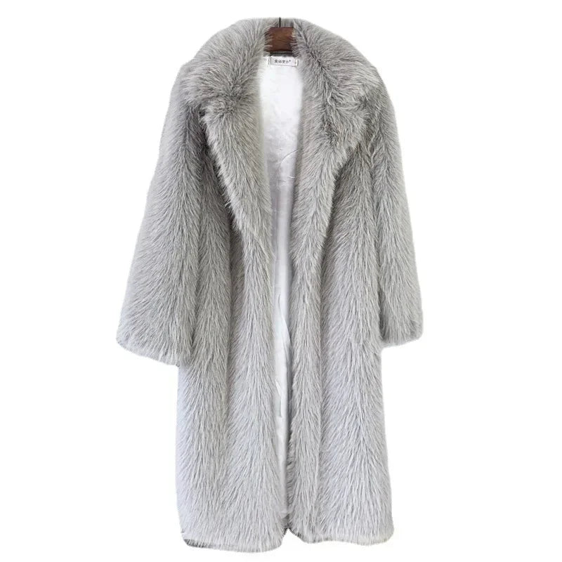 Warm Long Faux Fur Overcoat for Women with Turn Down Collar