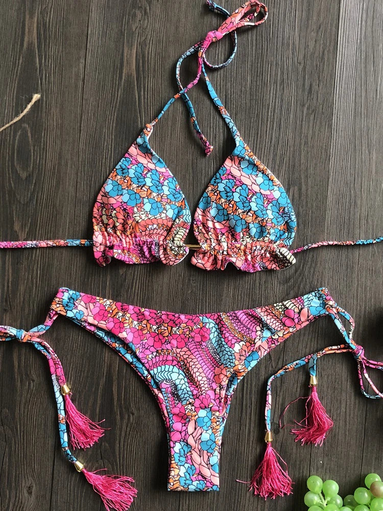 Floral Print Push-Up String Bikini Set for Women