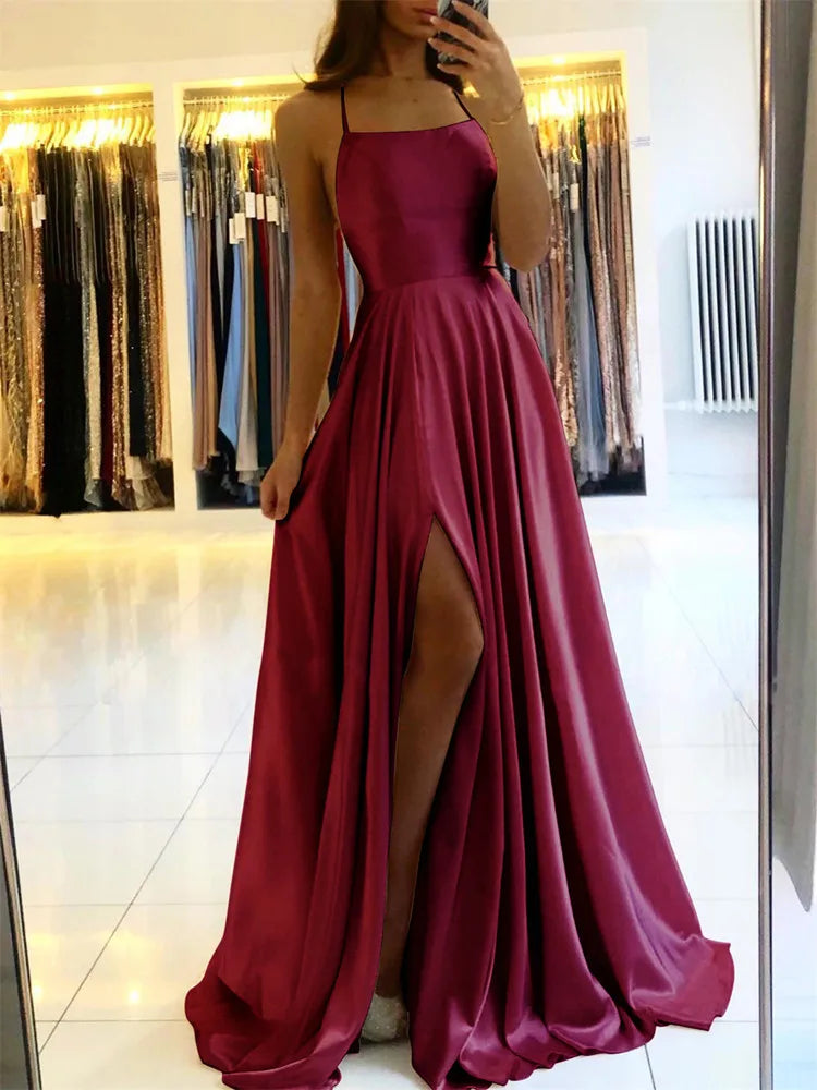 Adjustable Strap Satin Maxi Dress for Women with Side Slit