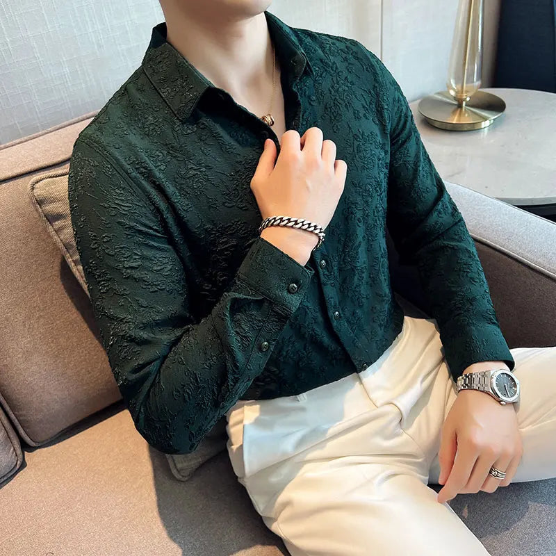 Elegant Vintage Jacquard Long Sleeve Fitted Shirt - Various Colors