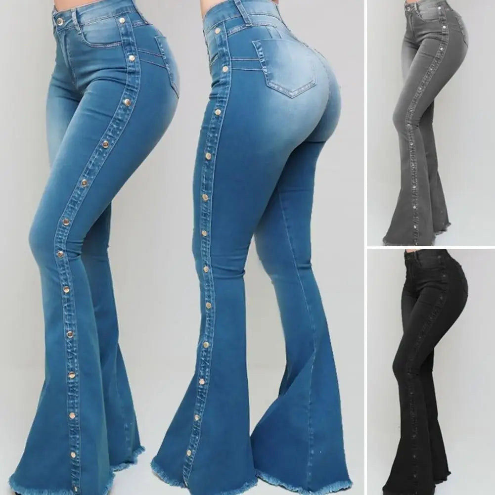 Women's Solid Button Flare Leg  Denim Jeans