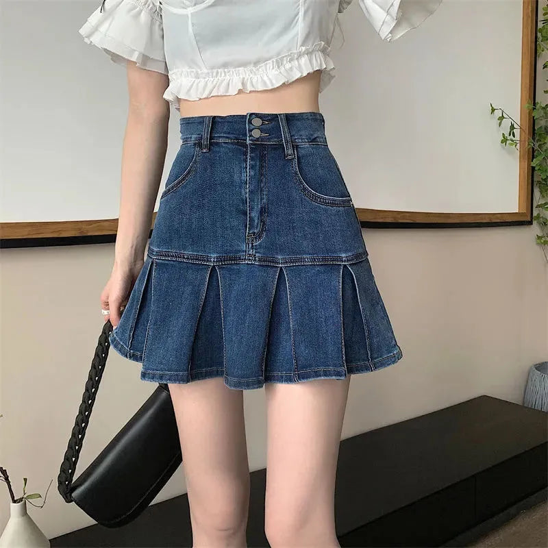 Vintage High Waist Ruffled Blue Denim Pleated Skirt for Women