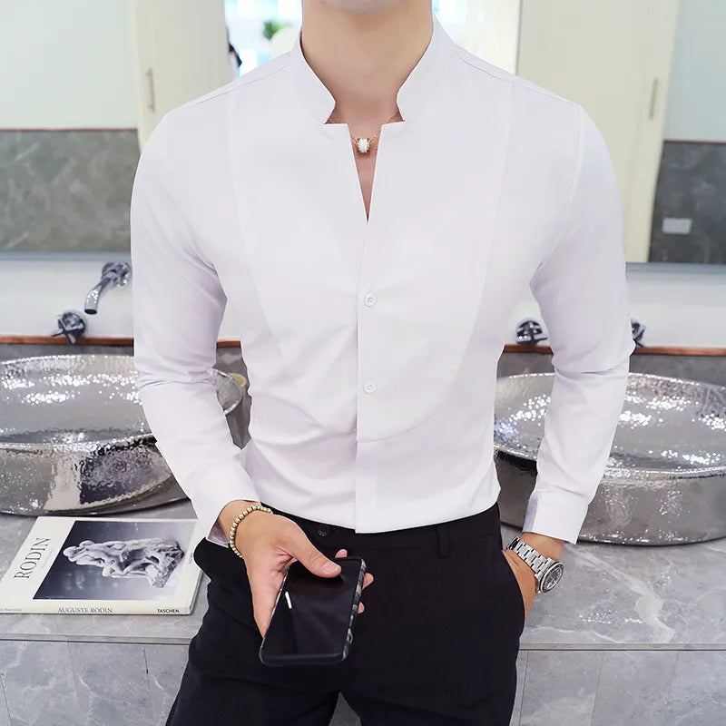 Slim Fit Long Sleeve Stand Collar Shirt for Men - Various Colors