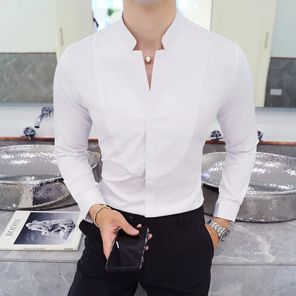 Slim Fit Long Sleeve Stand Collar Shirt for Men - Various Colors