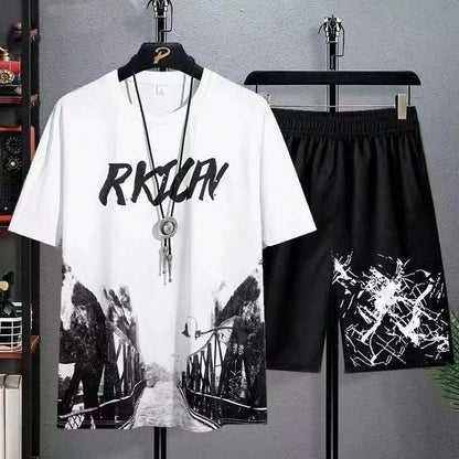 Men's Graffiti Style Two-Piece Set: T-Shirt and Shorts