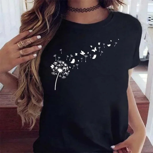 Ladies' Short Sleeve T-Shirt with Graphic Cartoon Dandelion Print