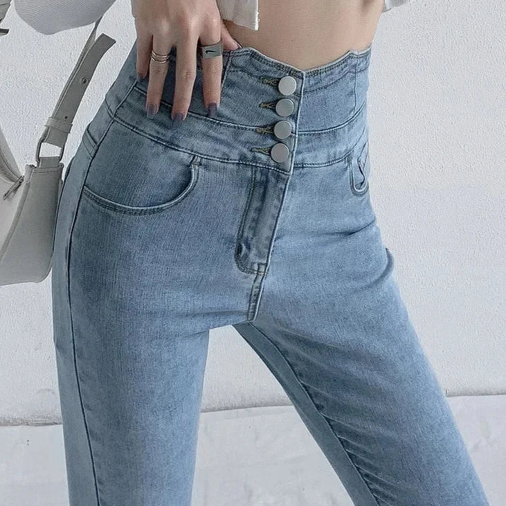 Vintage High-Waist Skinny Pencil Jeans with Four Buttons - Slim Stretch