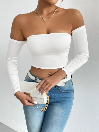 Women's Casual Long Sleeve Off-Shoulder Crop Top - Various Colors